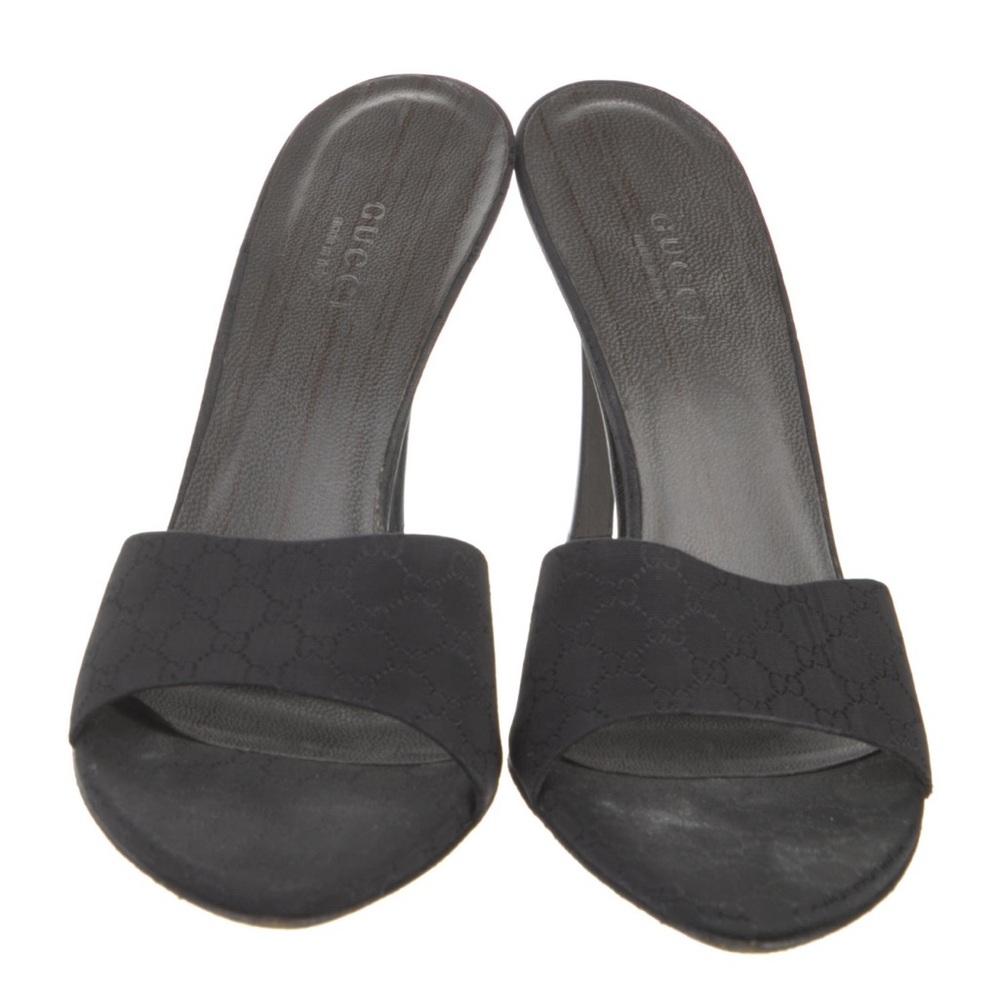 Gucci GG Canvas Logo Black High Heel Mules Slides